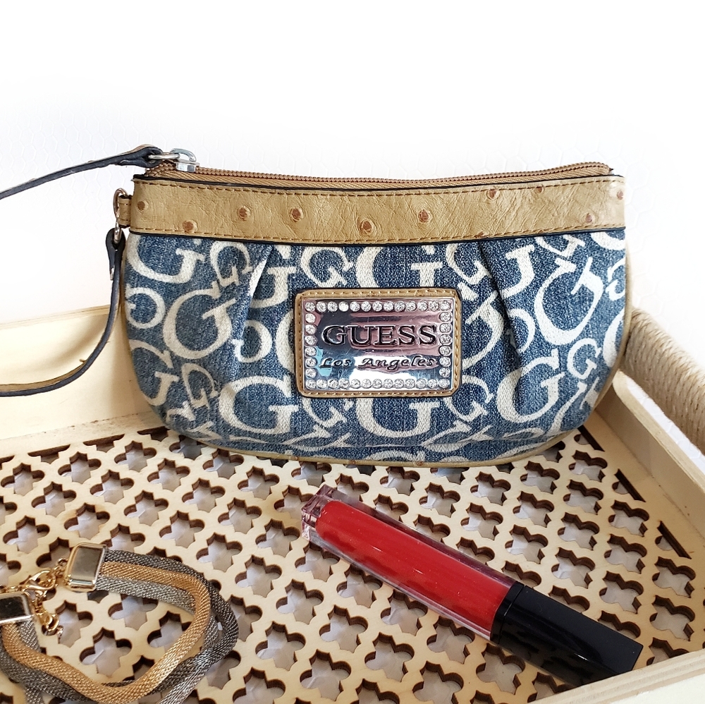 Guess Signature Bling Denim Wristlet Clutch Purse